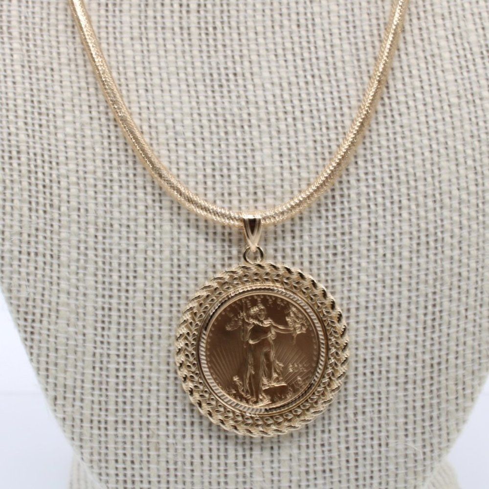 New 14k Gold Double Row Diamond Cut Bezel With 1/4oz American Eagle Coin - Picture 10 of 15